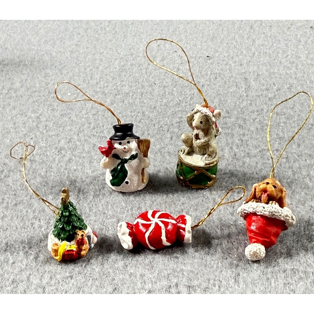 Miniature Resin Christmas Ornament Lot Snowman Tree Dog Candy Mouse 5-Piece Set